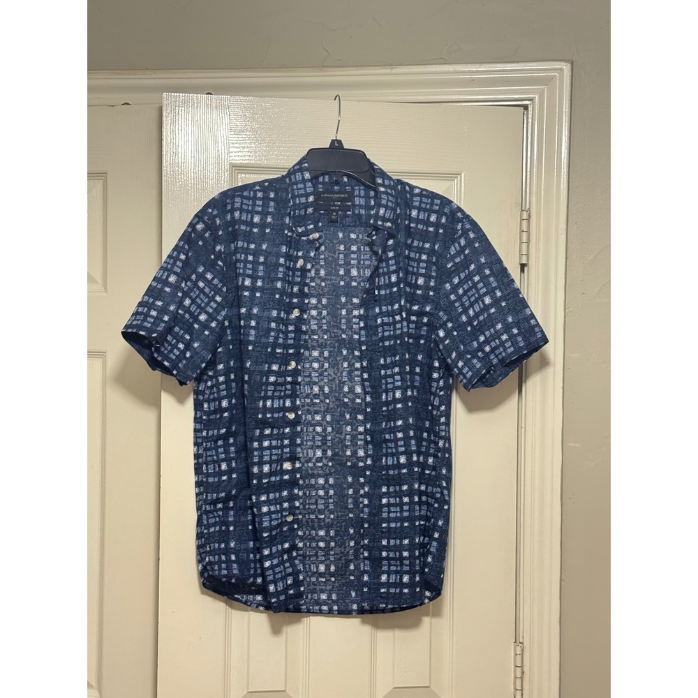 banana republic shirt M slim fit blue check short sleeve camp mens